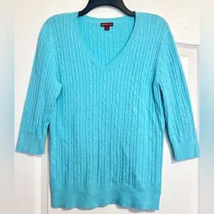 Merona Solid CableKnit Turquoise Pullover 3/4 Sleeve Fitted Sweater L